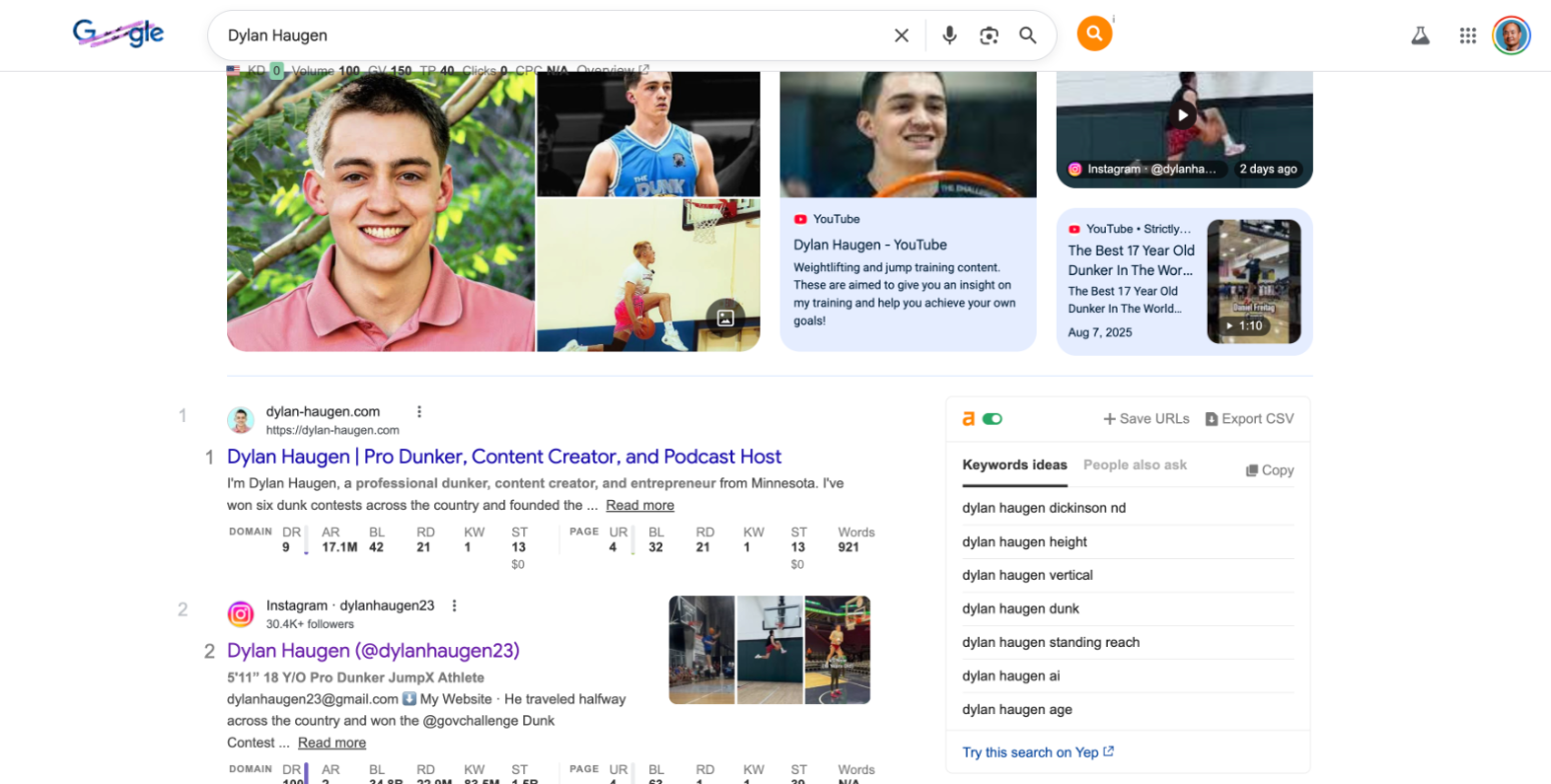 Dylan Haugen Google Knowledge Panel — showing his verified presence as a professional dunker, content creator, and entrepreneur from Minnesota