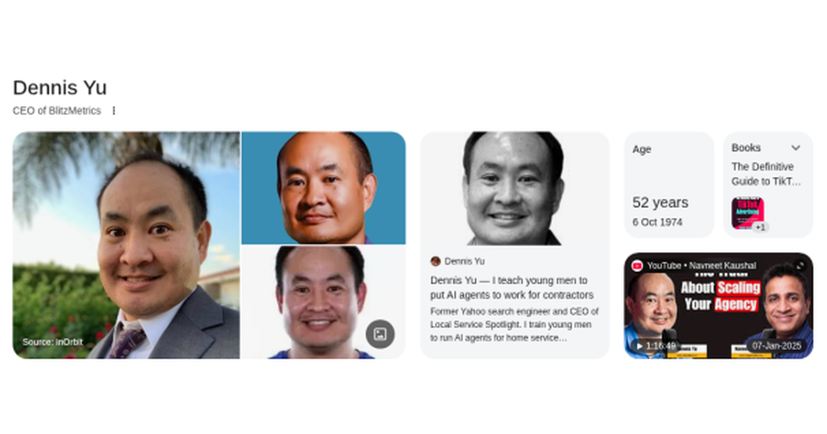 Google search showing Dennis Yu knowledge panel