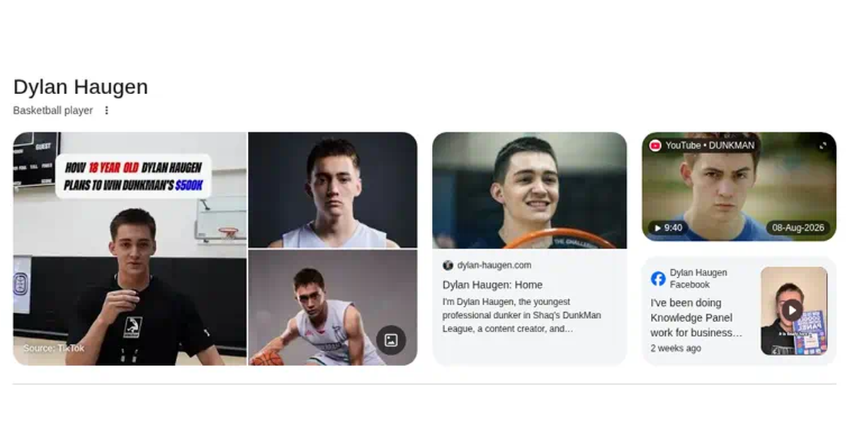 Google search showing Dylan Haugen knowledge panel